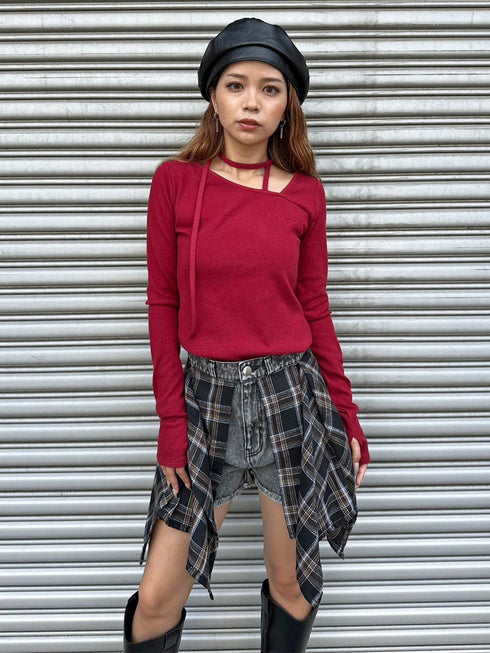 チェックシャツドッキングデニムショートパンツ